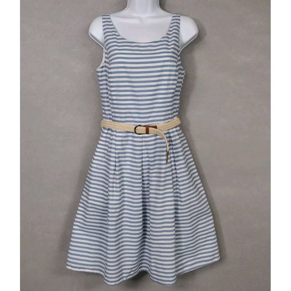 Jones New York Dress Nautical Women's 10 Belted Sleeveless Striped Blue Cotton